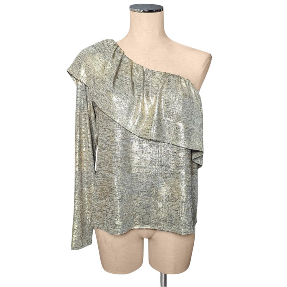 New TROUVE Nordstrom Metallic Gold Stretchy Sparkle One Shoulder Top L